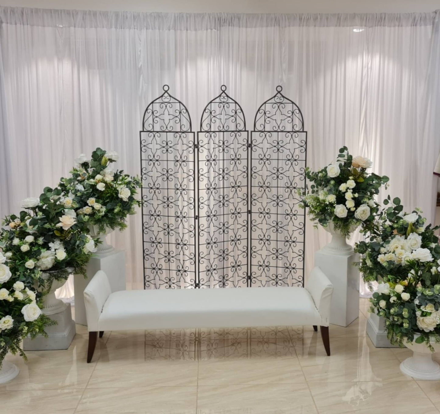 Ivory Arch Floral Bench Setup (with 3 meter Backdrop & Riggs)