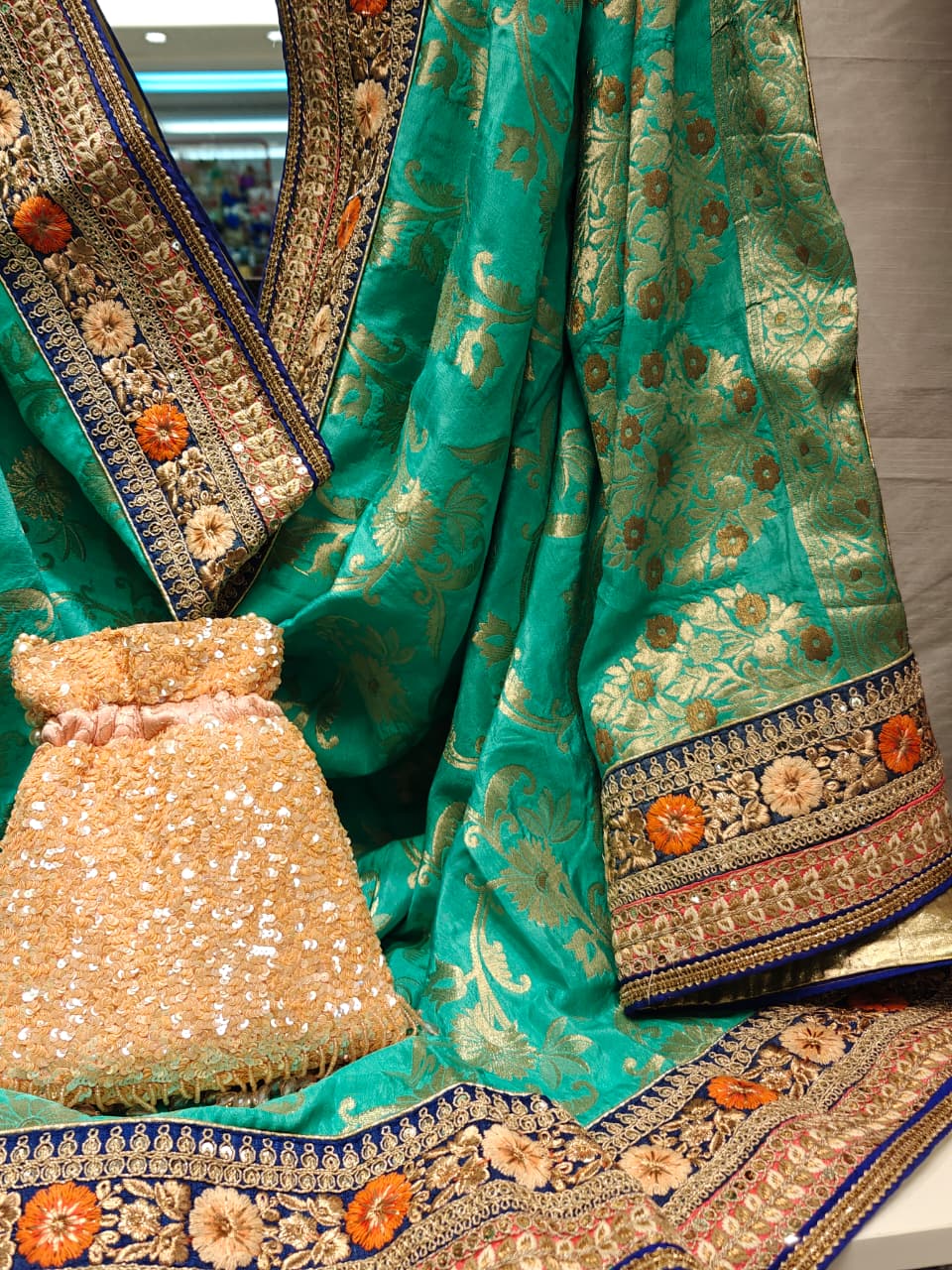 Turquoise & Gold Embroidered Saree