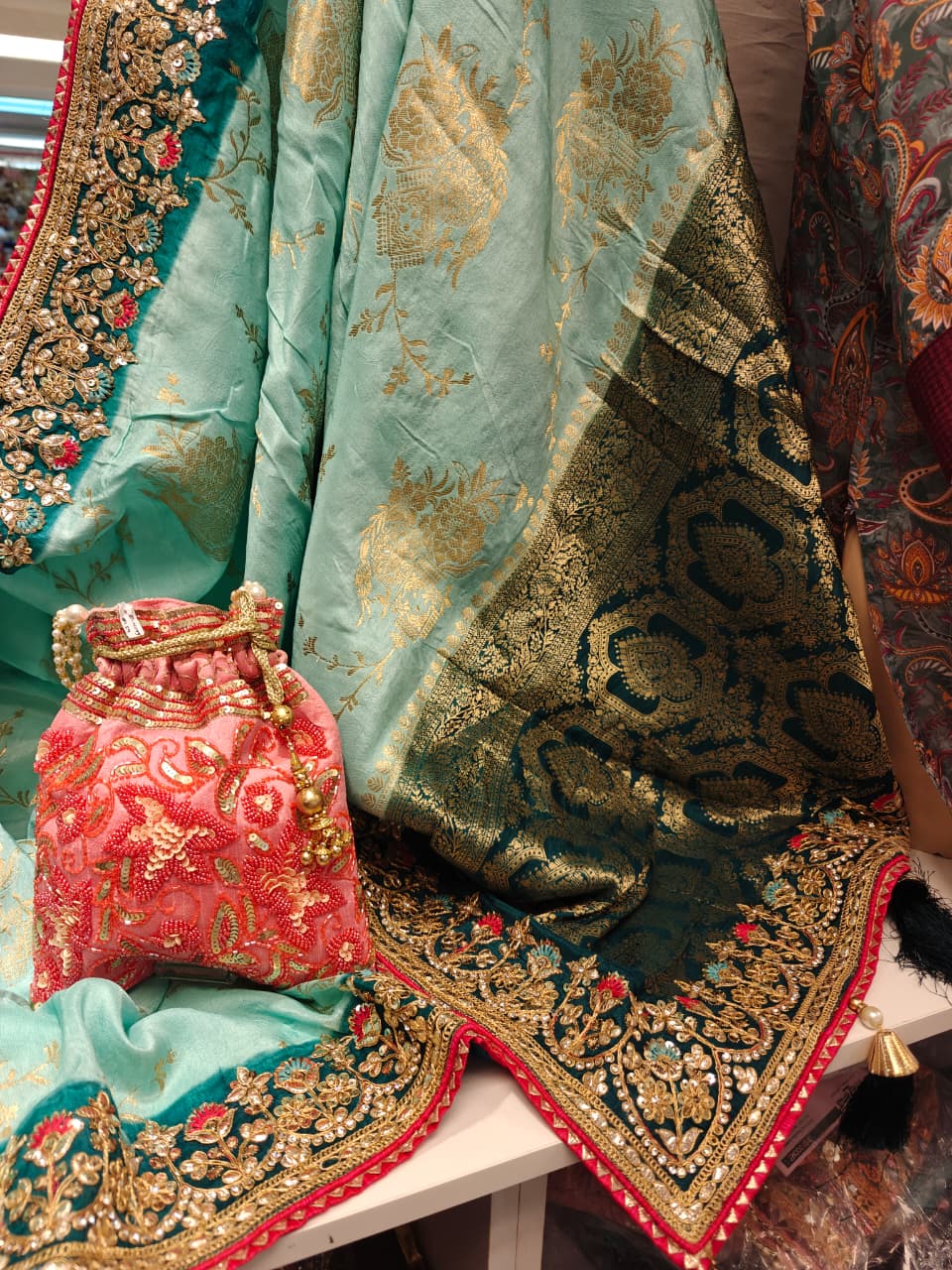 Aqua & Crimson Embroidered Saree