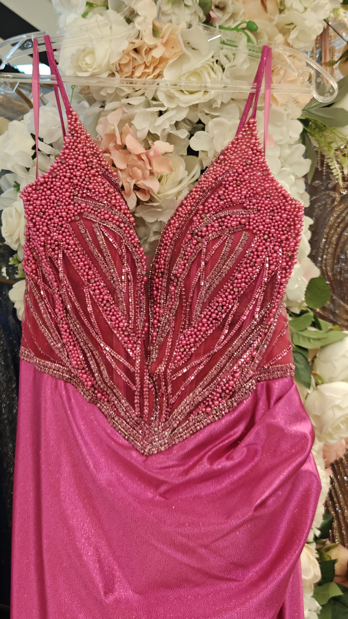 Embellished Fuchsia Satin Slit Gown