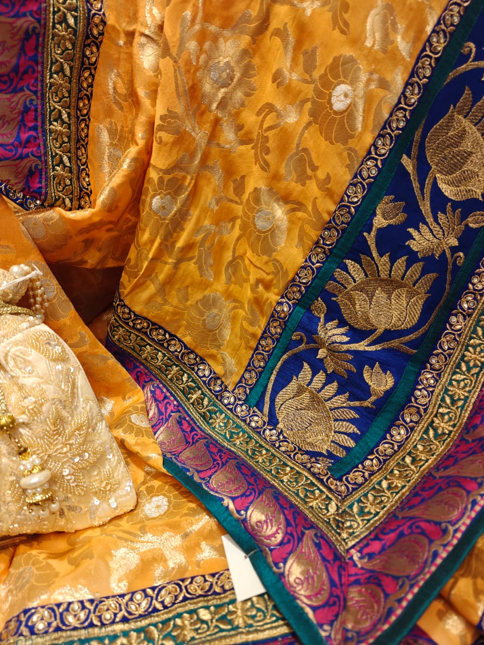 Golden & Royal Blue Embroidered Saree
