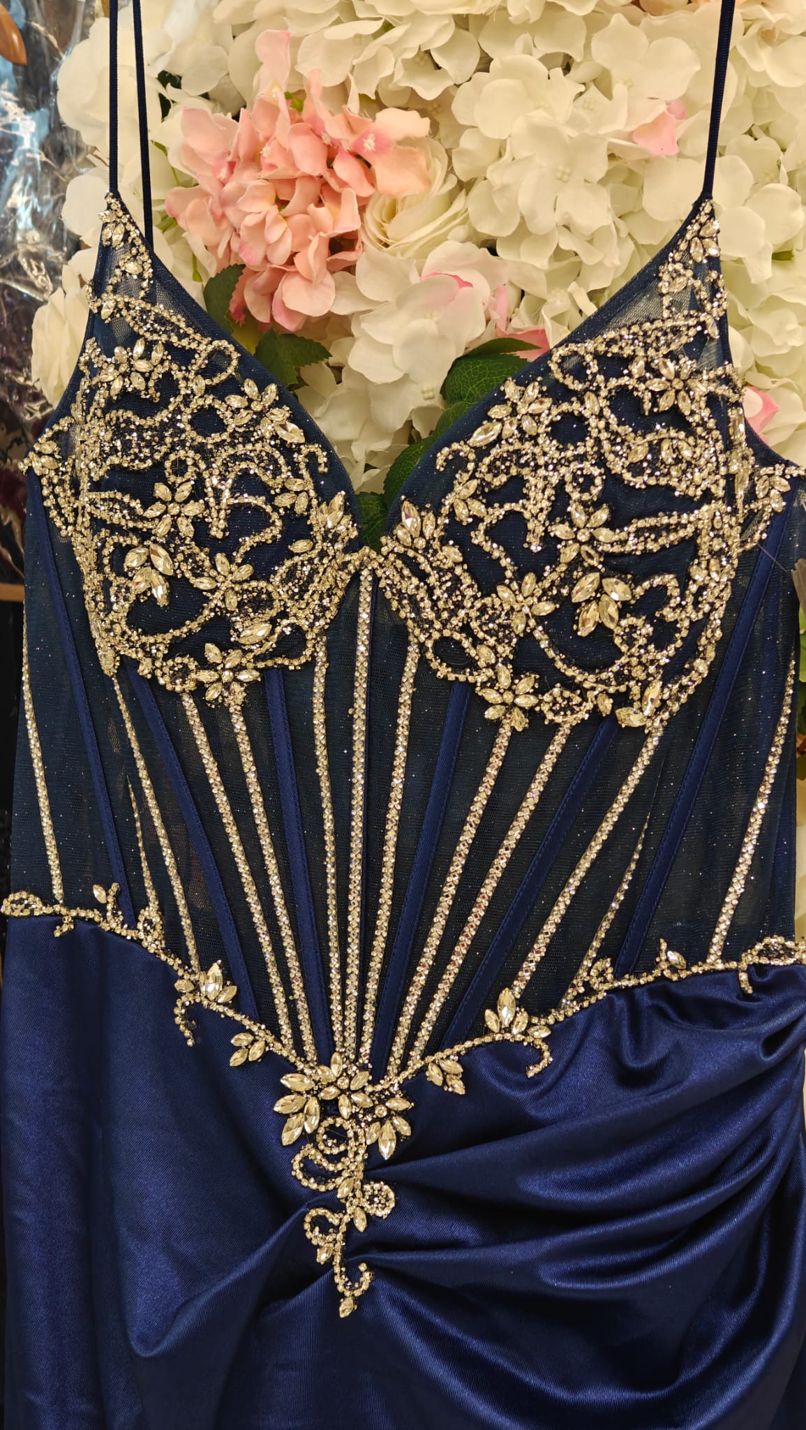 Blue Satin Beaded Corset Gown