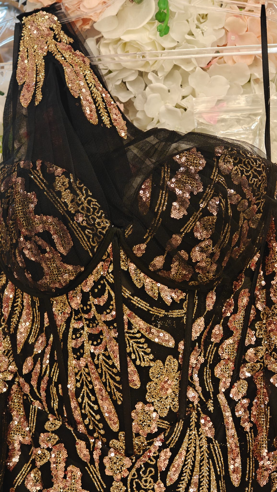 One‑Shoulder Black Embroidered Gown