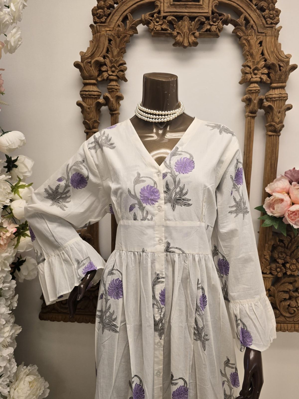 Lavender Mist White Button-Front Maxi Dress