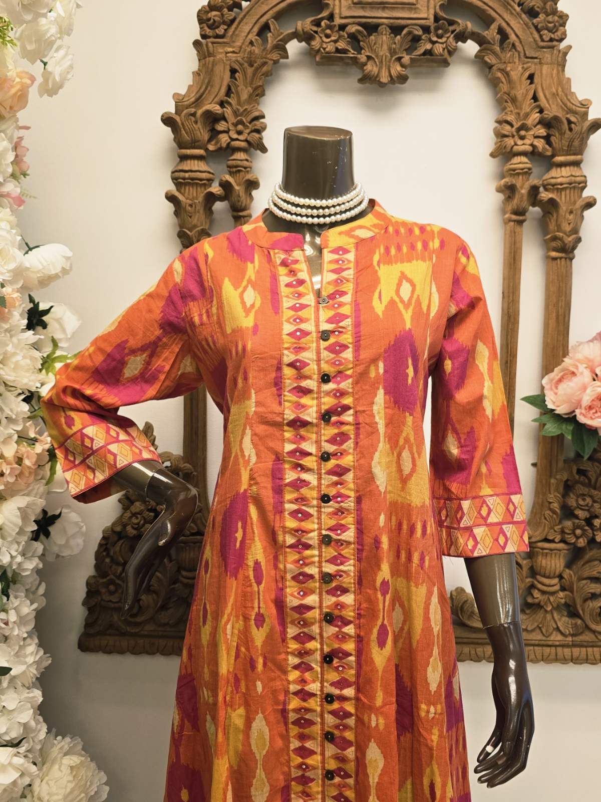 Orange Mosaic Button-Front Maxi Dress