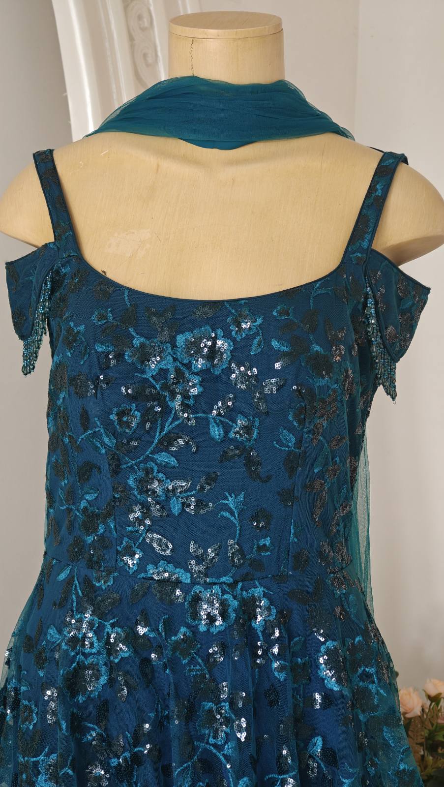 Teal Embellished Off‑Shoulder Gown