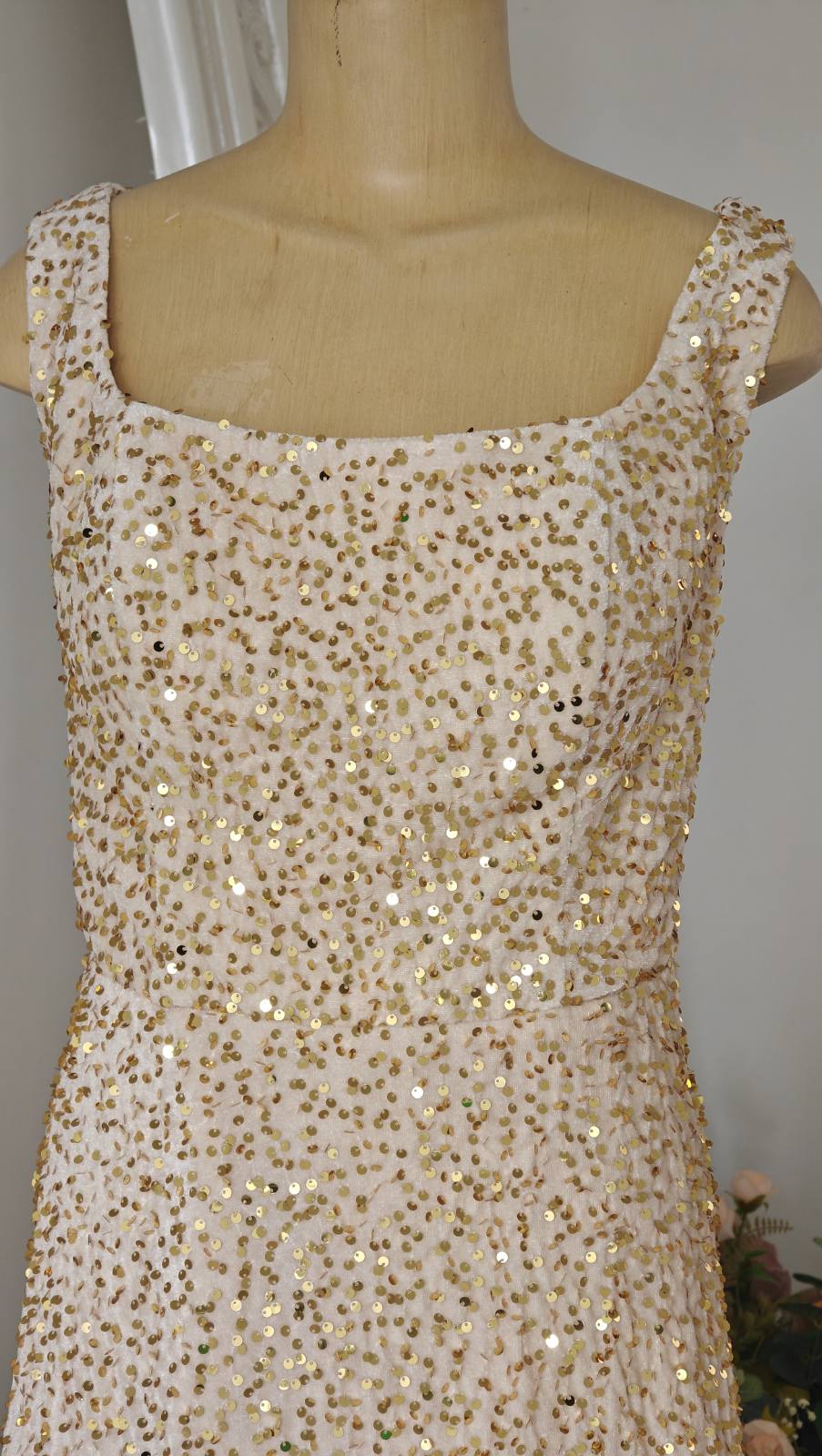 Sequin Golden Square‑Neck Gown