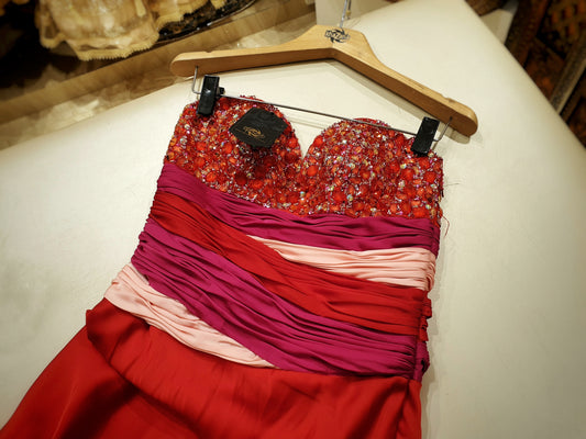 Red satin evening dress