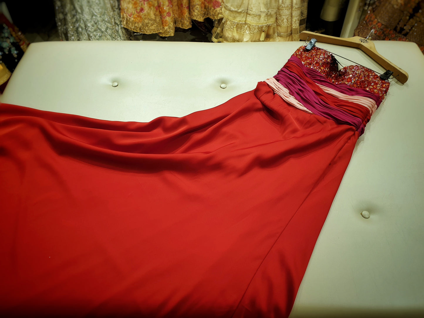 Red satin evening dress