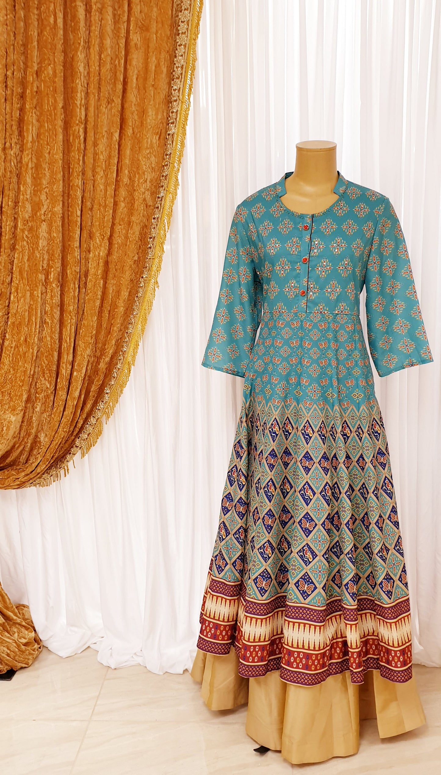 Turquoise Printed Long Dress