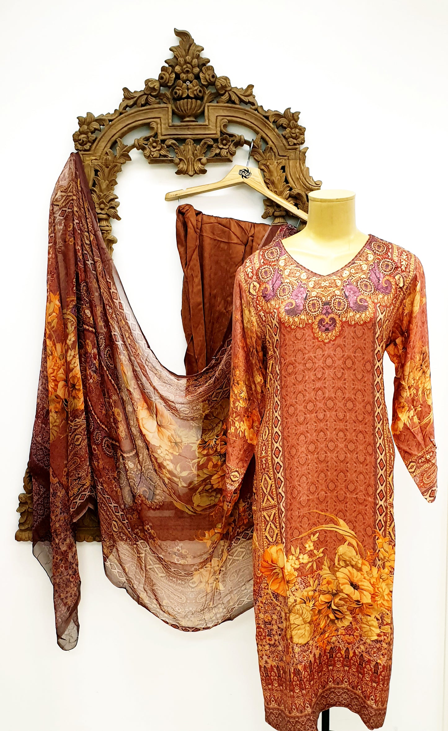 Brown & Yellow Printed Kameez