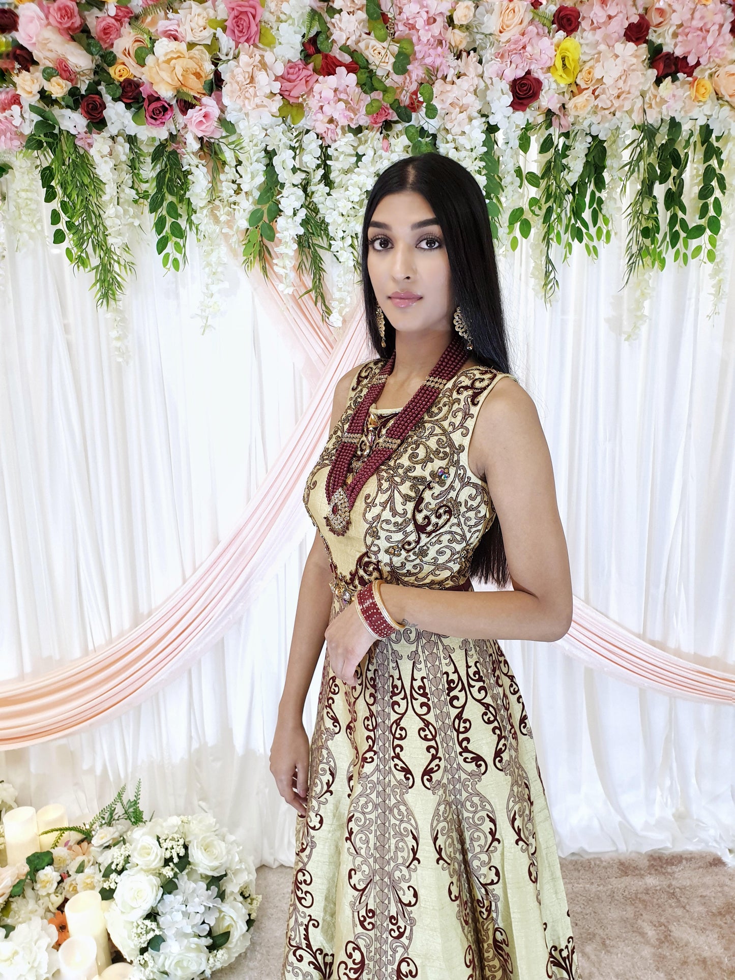 Maroon & Pista Embroidered Long Gown