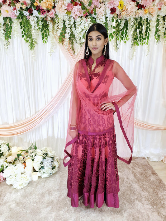 Peach & Magenta Embroidered Long Gown