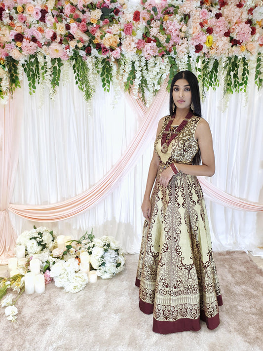 Maroon & Pista Embroidered Long Gown
