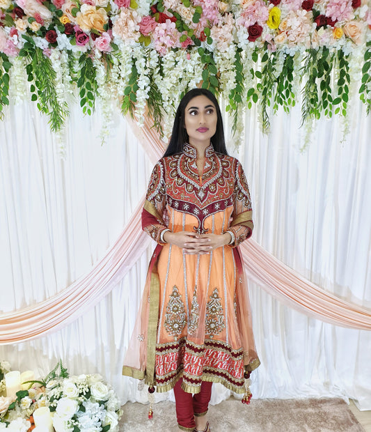 Peach & Maroon Stonework Anarkali