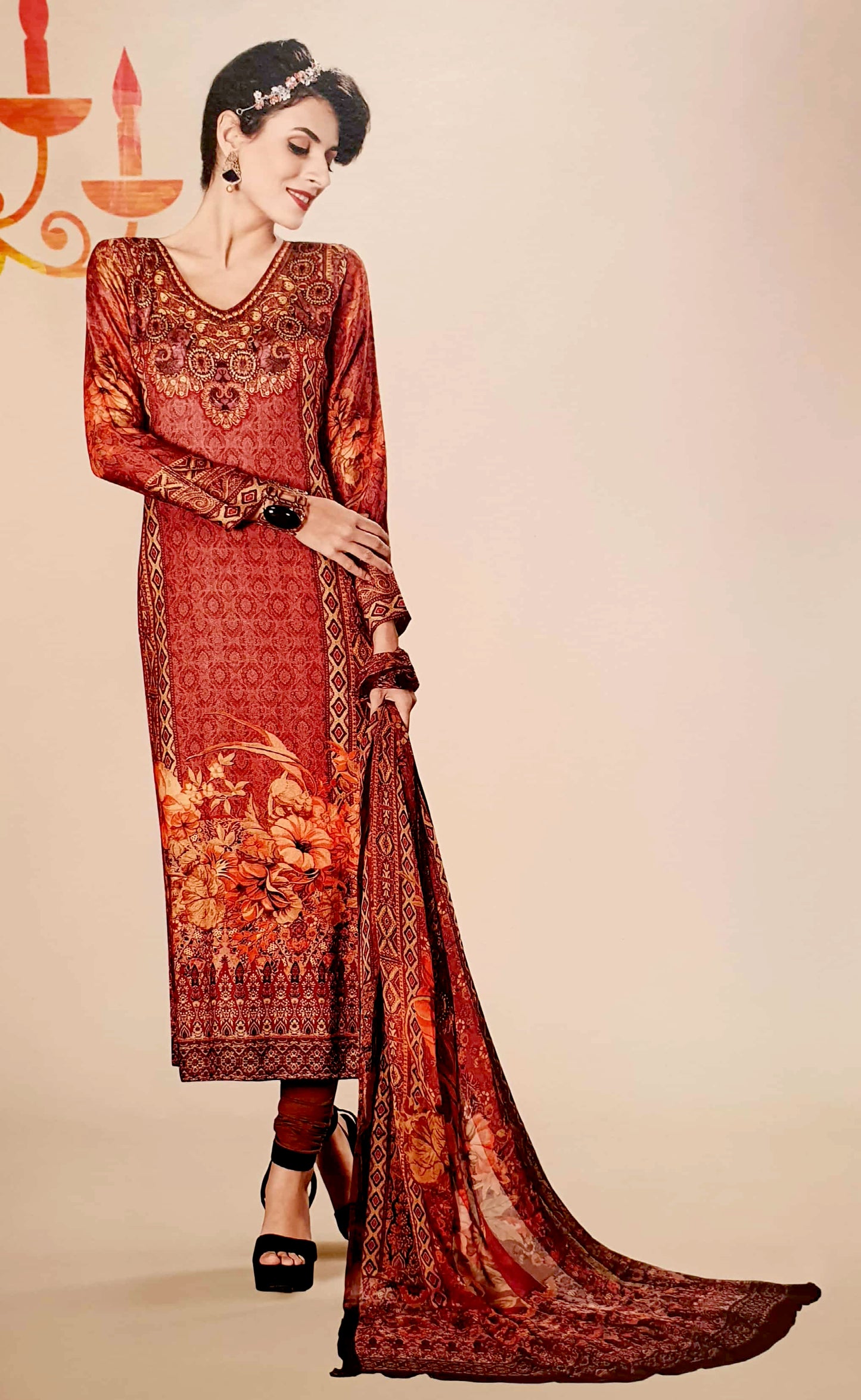 Brown & Yellow Printed Kameez