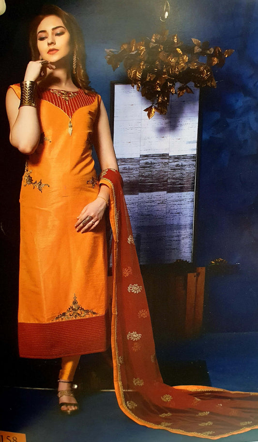 Peach & Red Silk Kameez