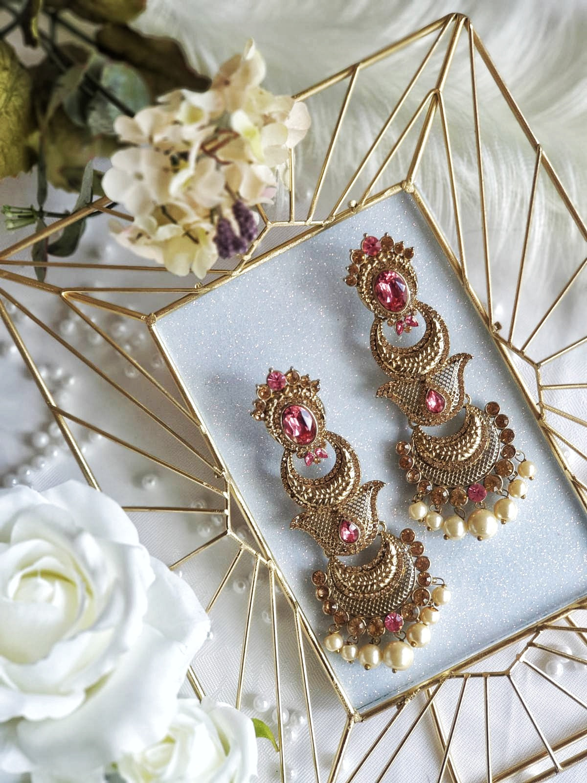 Pink & Gold Chandelier Pearl Earrings
