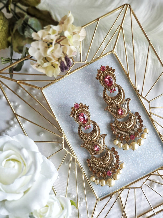 Pink & Gold Chandelier Pearl Earrings
