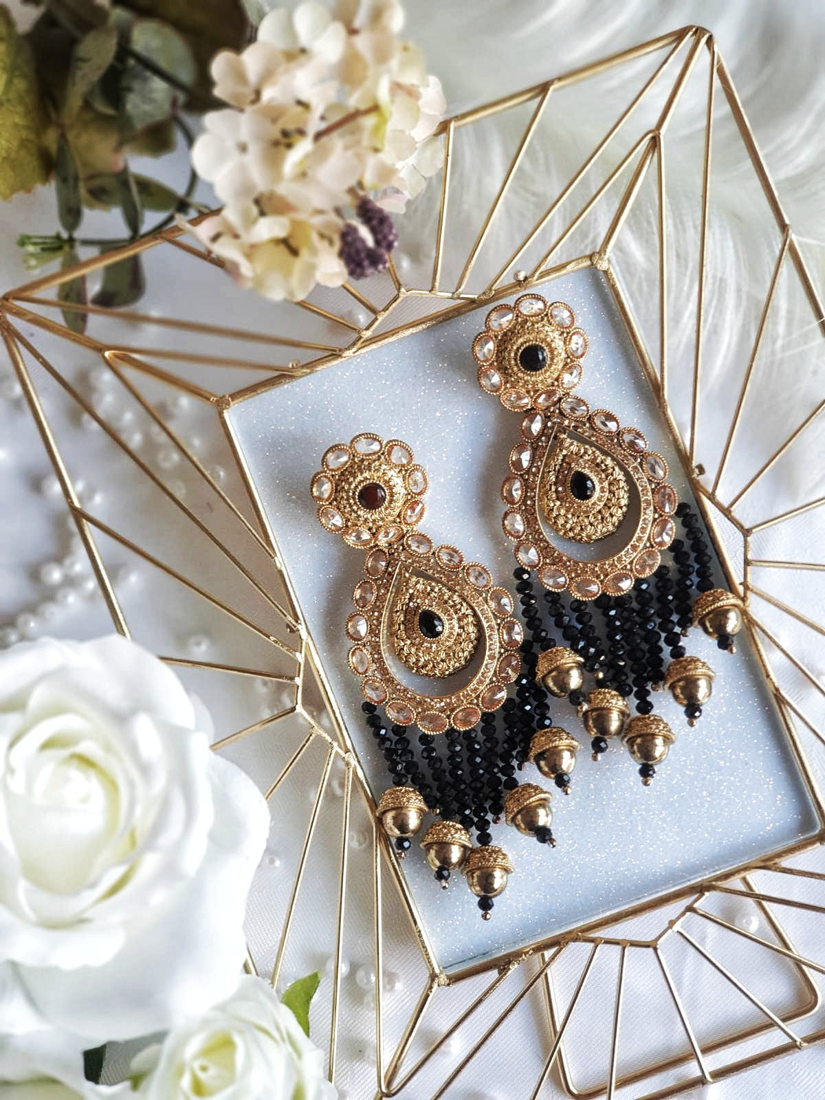 Black & Gold Chandelier Drop Pearl Earrings