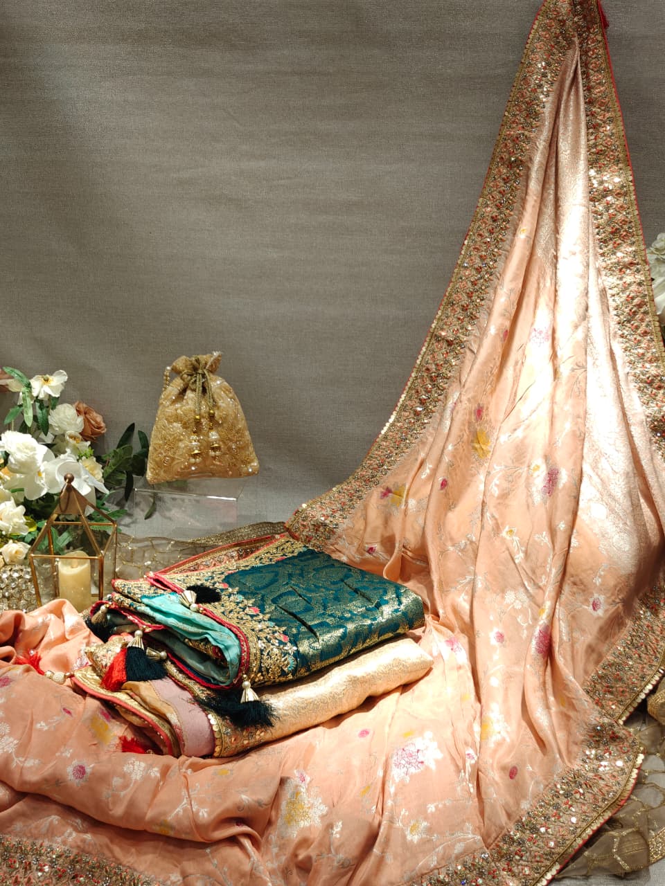 Peach & Emerald Embroidered Saree