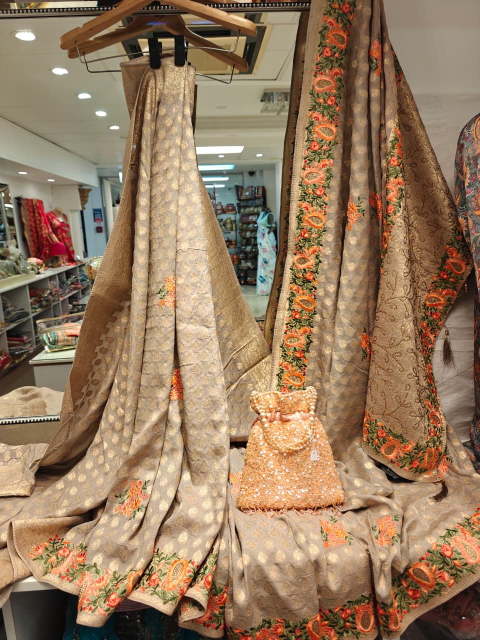Brown & Tangerine Embroidered Saree