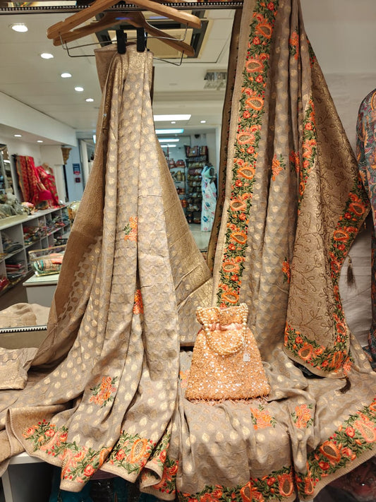 Brown & Tangerine Embroidered Saree