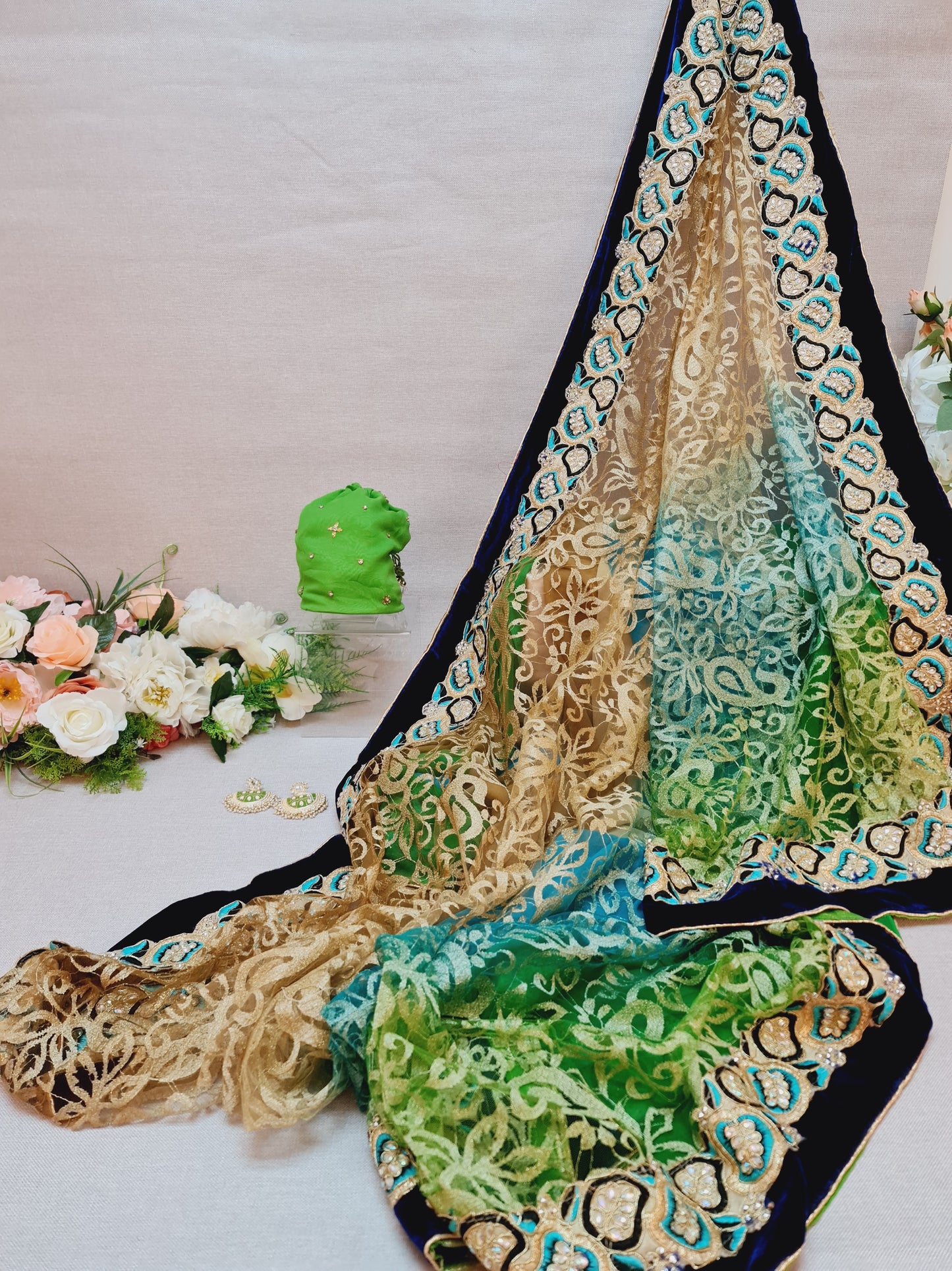Green ombre lace saree