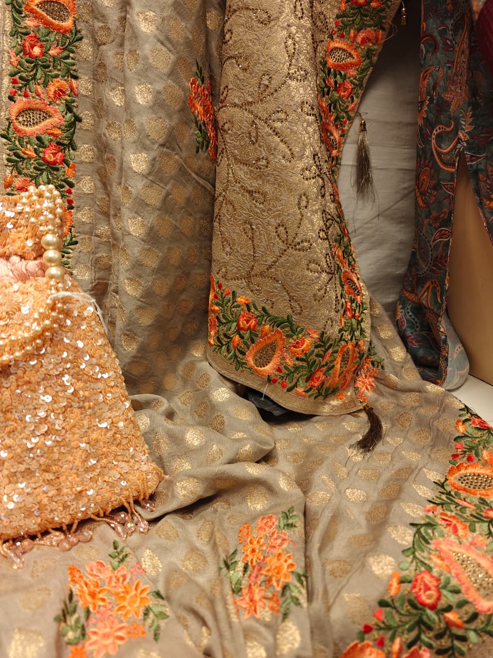 Brown & Tangerine Embroidered Saree