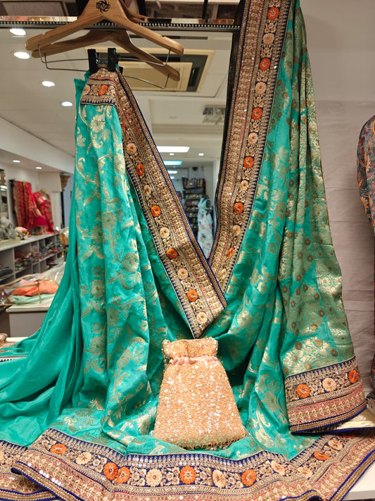 Turquoise & Gold Embroidered Saree