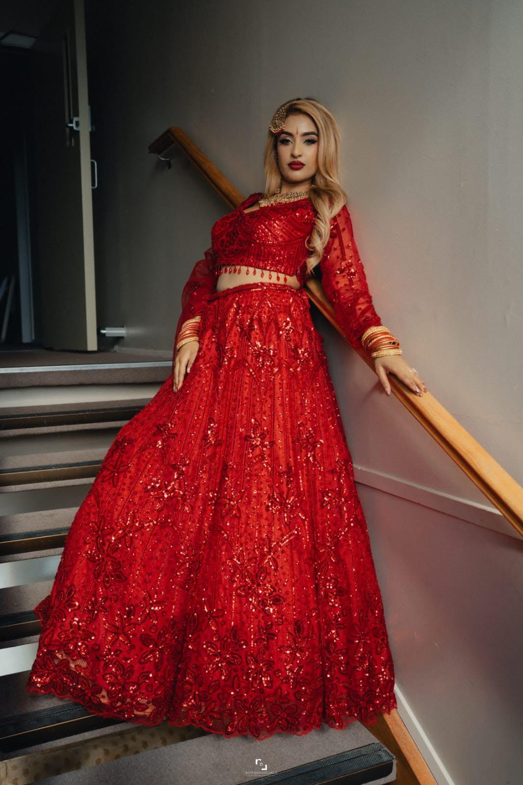 Crimson Sequin Bridal Lehenga Set