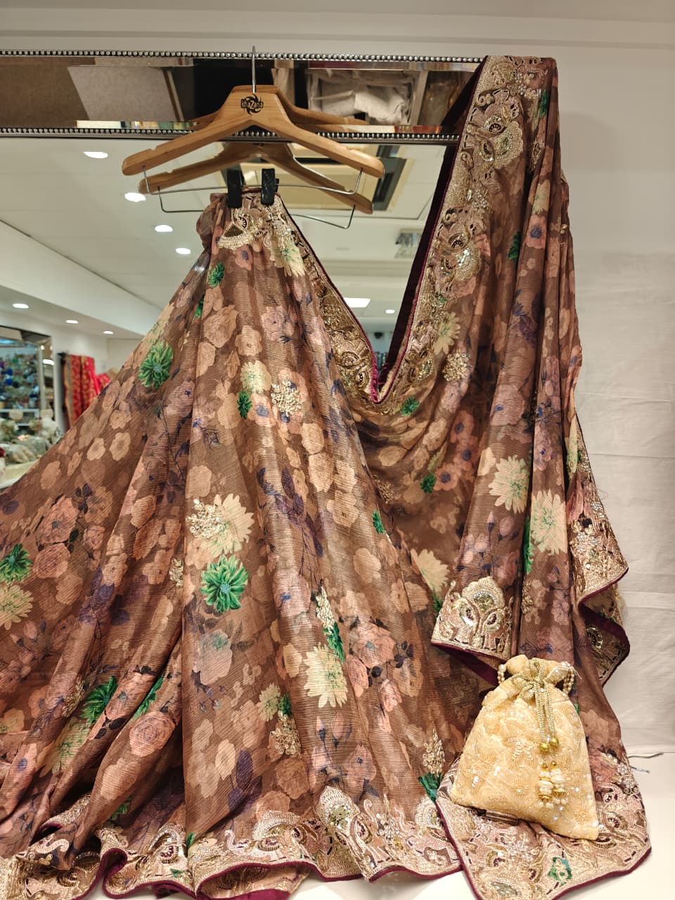 Mocha Floral Embroidered Saree