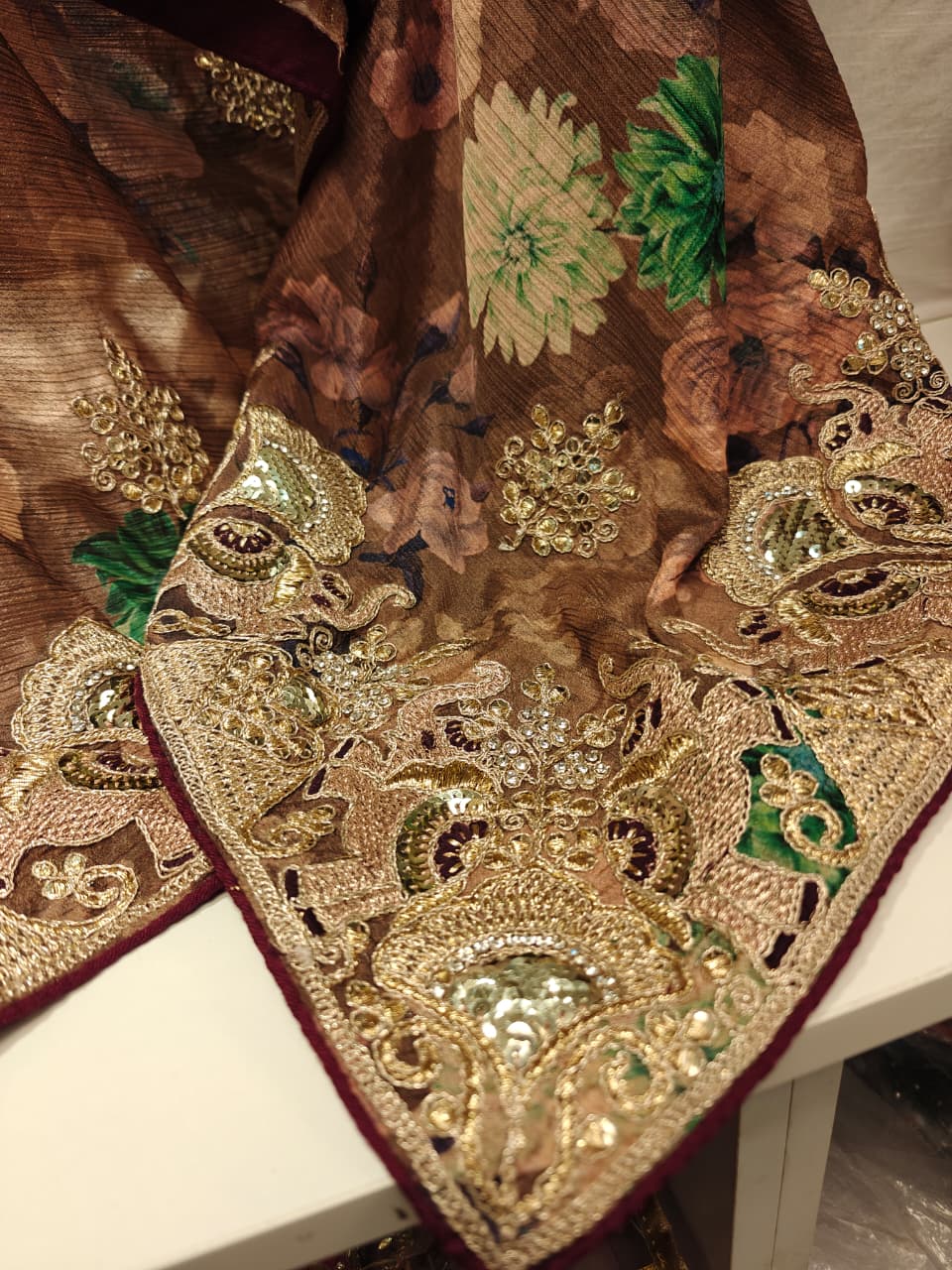 Mocha Floral Embroidered Saree
