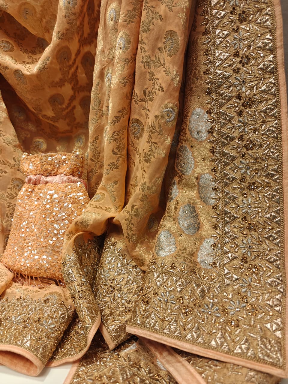 Peach Paisley Embroidered Saree