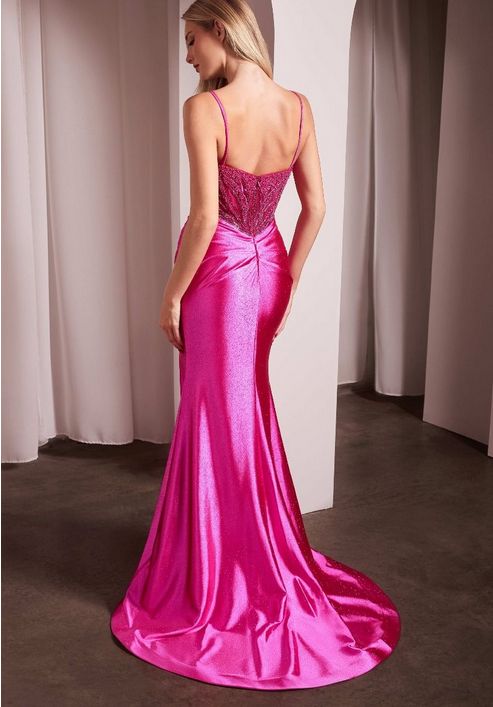 Embellished Fuchsia Satin Slit Gown