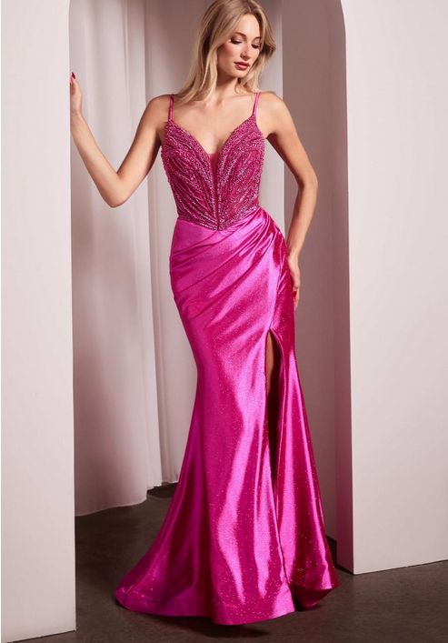 Embellished Fuchsia Satin Slit Gown