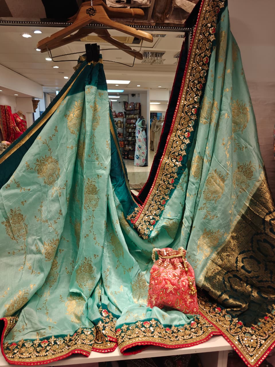 Aqua & Crimson Embroidered Saree