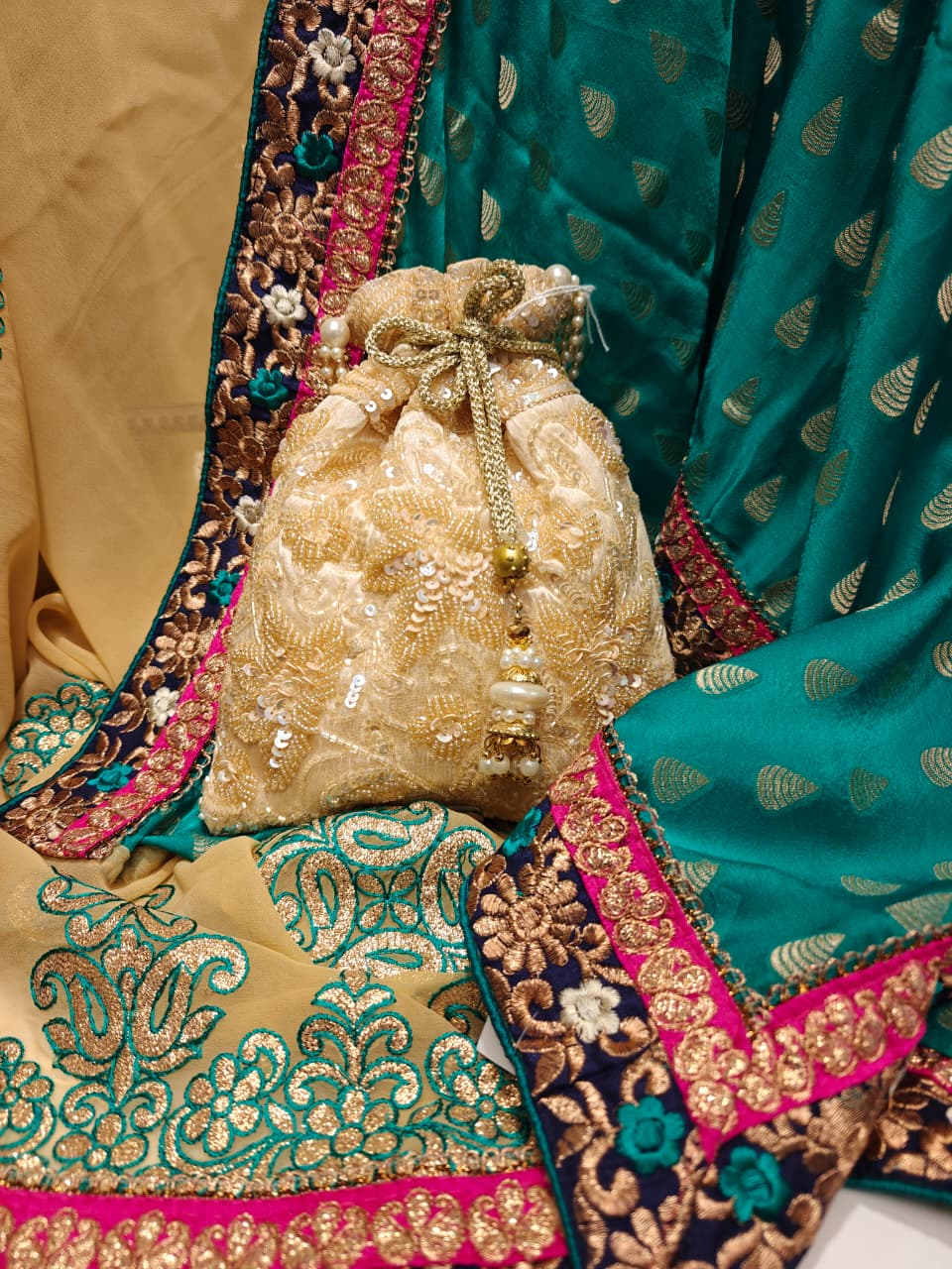 Mustard & Emerald Embroidered Saree