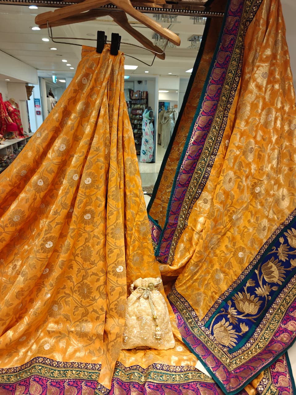 Golden & Royal Blue Embroidered Saree