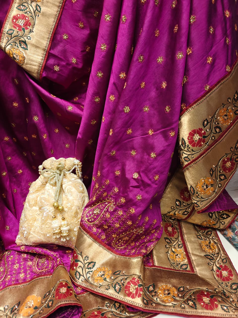 Magenta & Gold Embroidered Saree