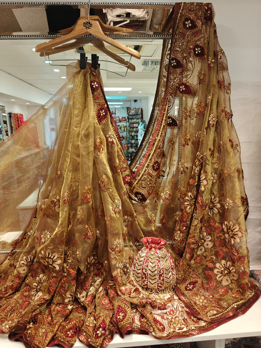 Champagne Gold & Maroon Embroidered Saree