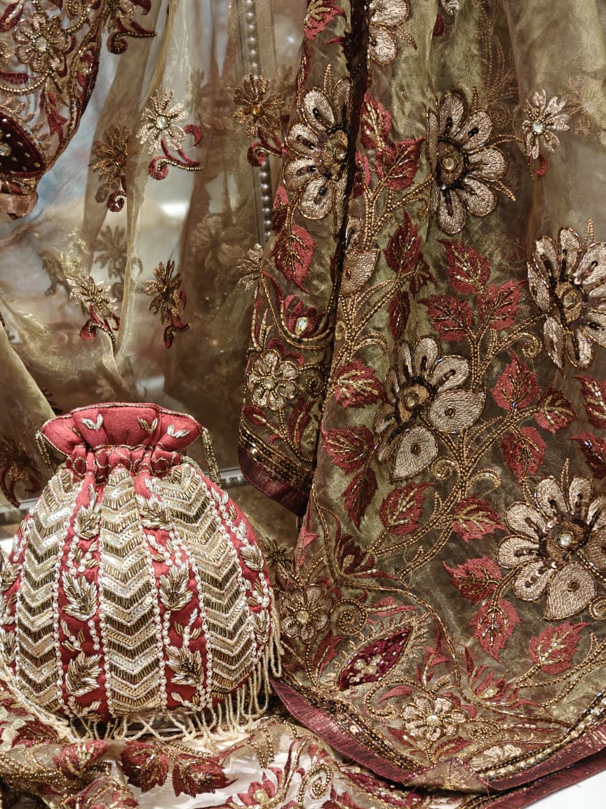 Champagne Gold & Maroon Embroidered Saree