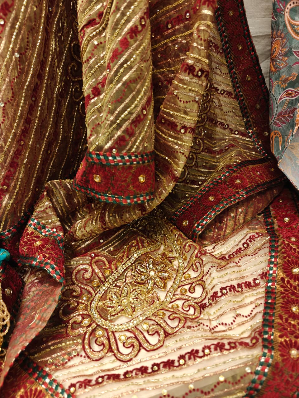Teal & Maroon Embroidered Saree