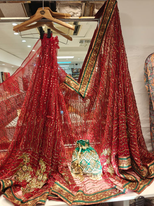 Crimson & Emerald Embroidered Saree