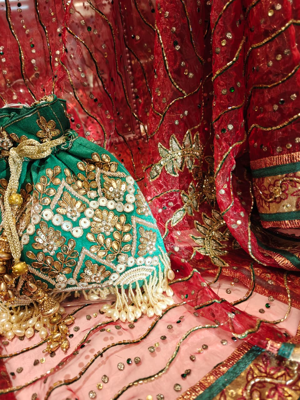 Crimson & Emerald Embroidered Saree