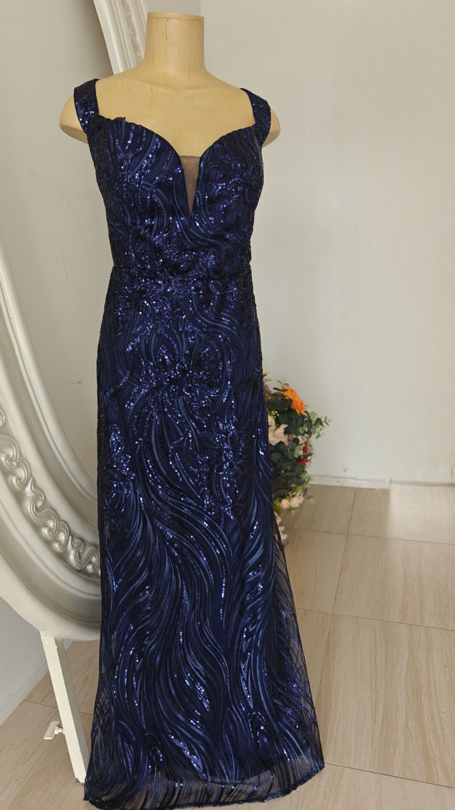 Midnight Blue Embellished V‑Neck Gown