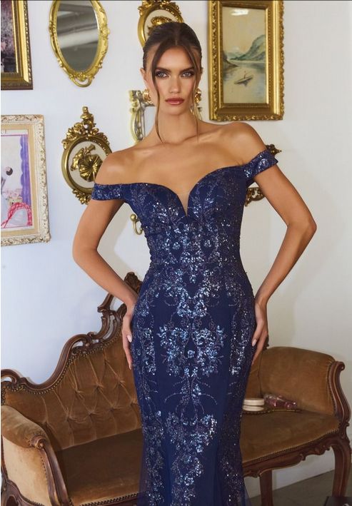 Midnight Blue Embellished V‑Neck Gown