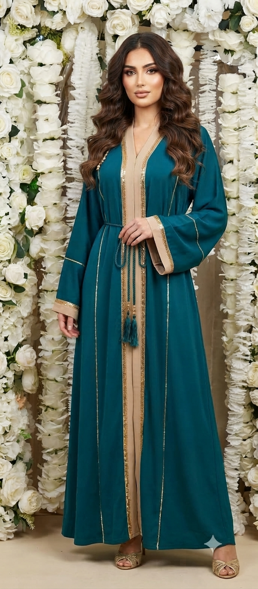 Teal & Champagne Embellished Abaya