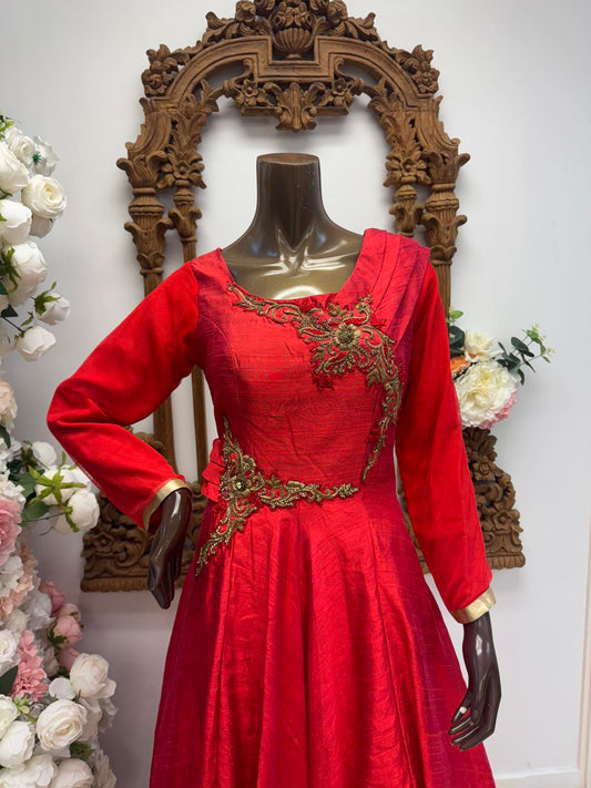 Crimson Flame – Draped Embroidered Gown