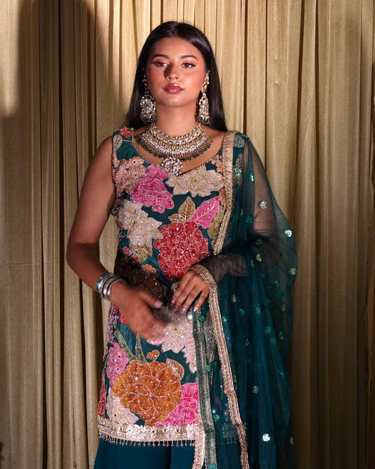 Teal Floral Embroidered Salwar Suit - with palazzo